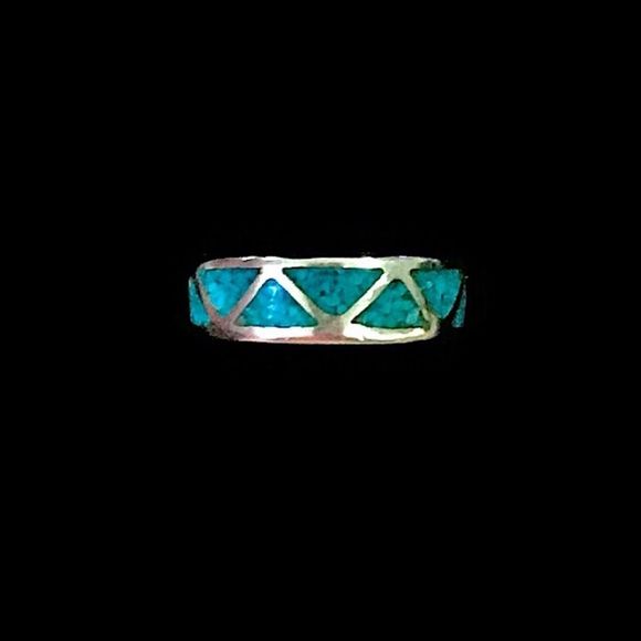 VTG Sterling Silver Southwest Crushed Turquoise Inlay Ring - Picture 3 of 13